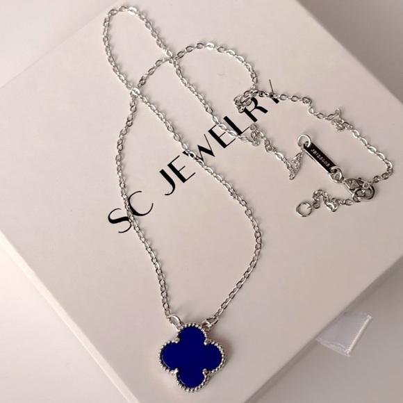 Royal Blue Clover Necklace Silver Tone Chain Double Sided - Picture 2 of 10